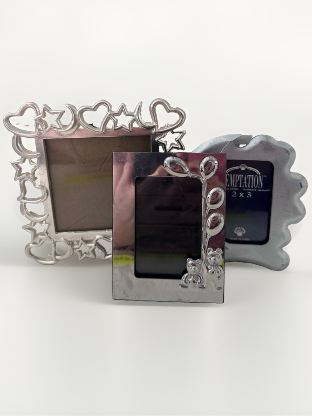 LOT OF 3 Vintage SILVER METAL Photo Frame BEAR Hearts Stars Moon 3.5x3.5 2X3